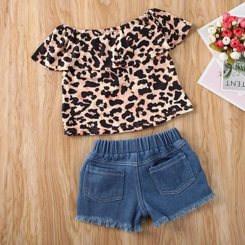 2-piece Leopard Pattern Dress & Short Jeans for Toddler Girl Wholesale children's clothing