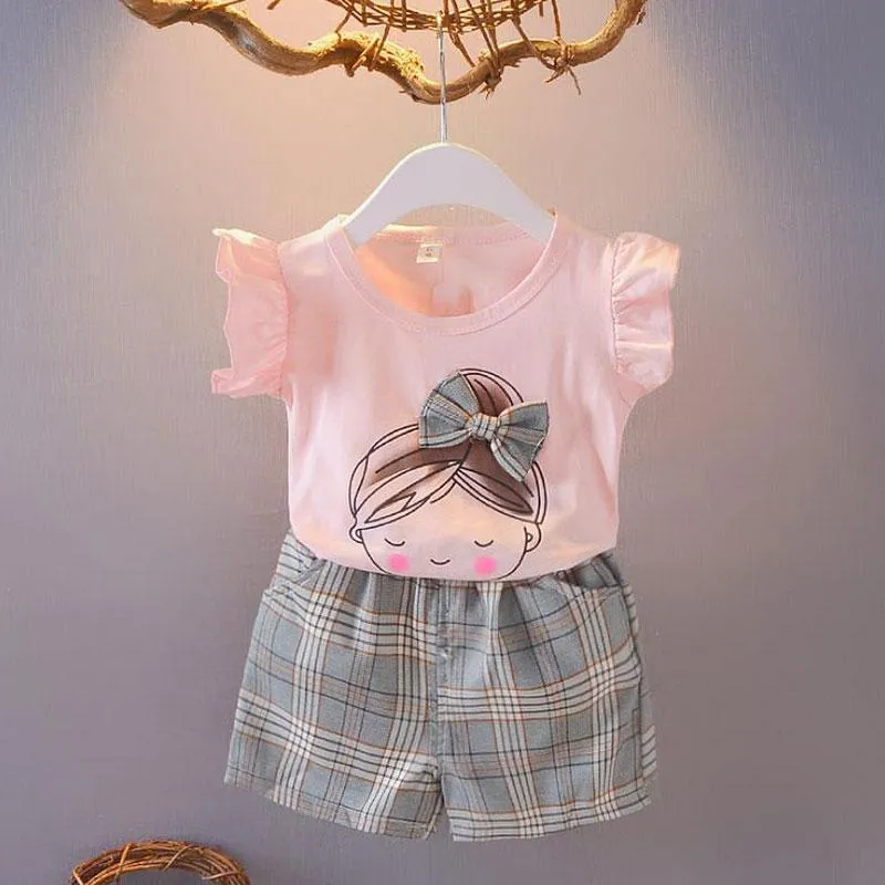 2pcs Sweet Plaid Little Girl Print T-shirt and Pants