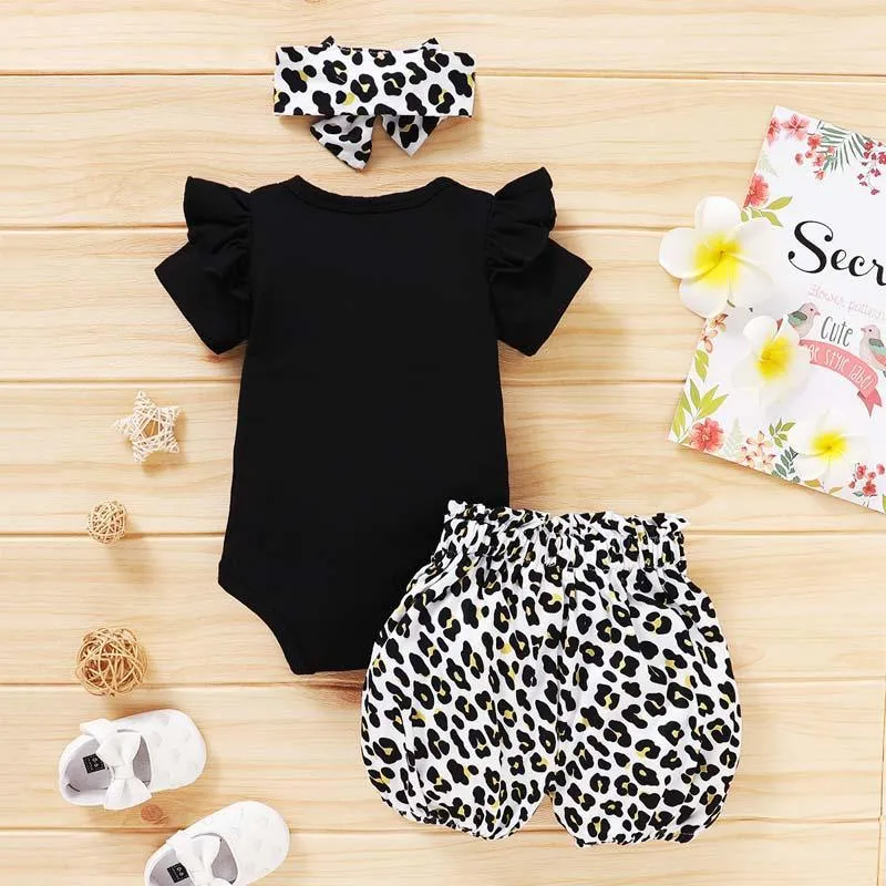 3-piece Letter Pattern Bodysuit & Shorts & Headband for Baby Girl