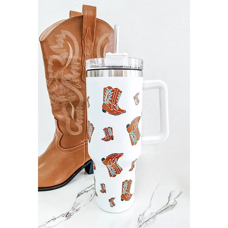 40 oz White Western Boot Tumbler