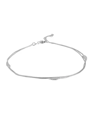 925 Sterling Silver Inline Leaf With Rhodium Plated Double Chain Adjustable Anklet