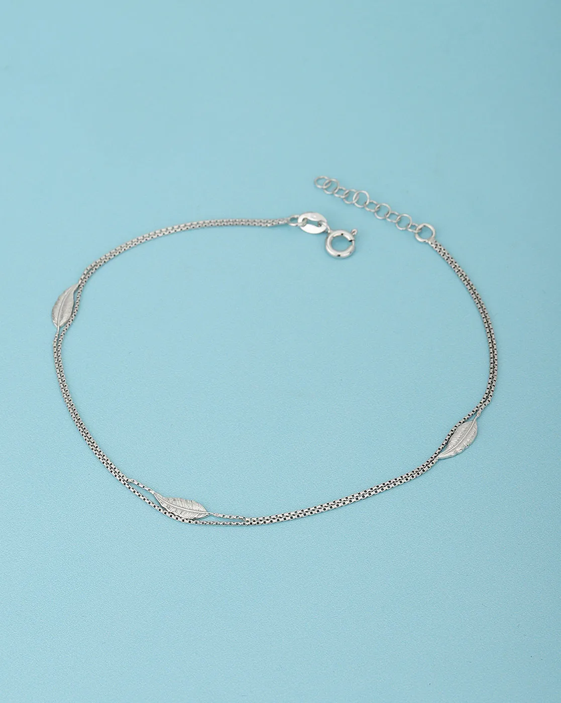 925 Sterling Silver Inline Leaf With Rhodium Plated Double Chain Adjustable Anklet