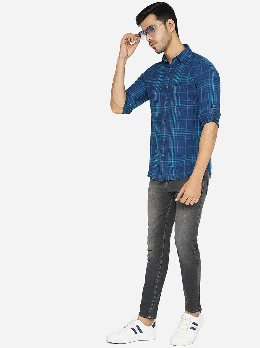 Blue Checked Slim Fit Semi Casual Shirt | JadeBlue