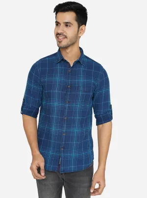 Blue Checked Slim Fit Semi Casual Shirt | JadeBlue