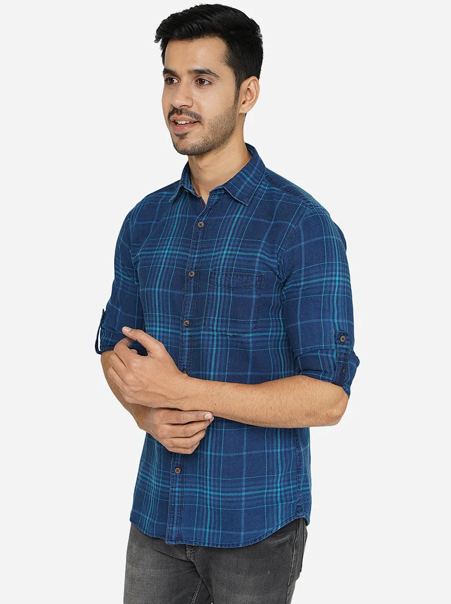 Blue Checked Slim Fit Semi Casual Shirt | JadeBlue