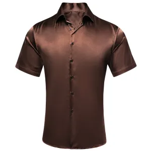 Brown Solid Satin Men's Short Sleeve Shirt