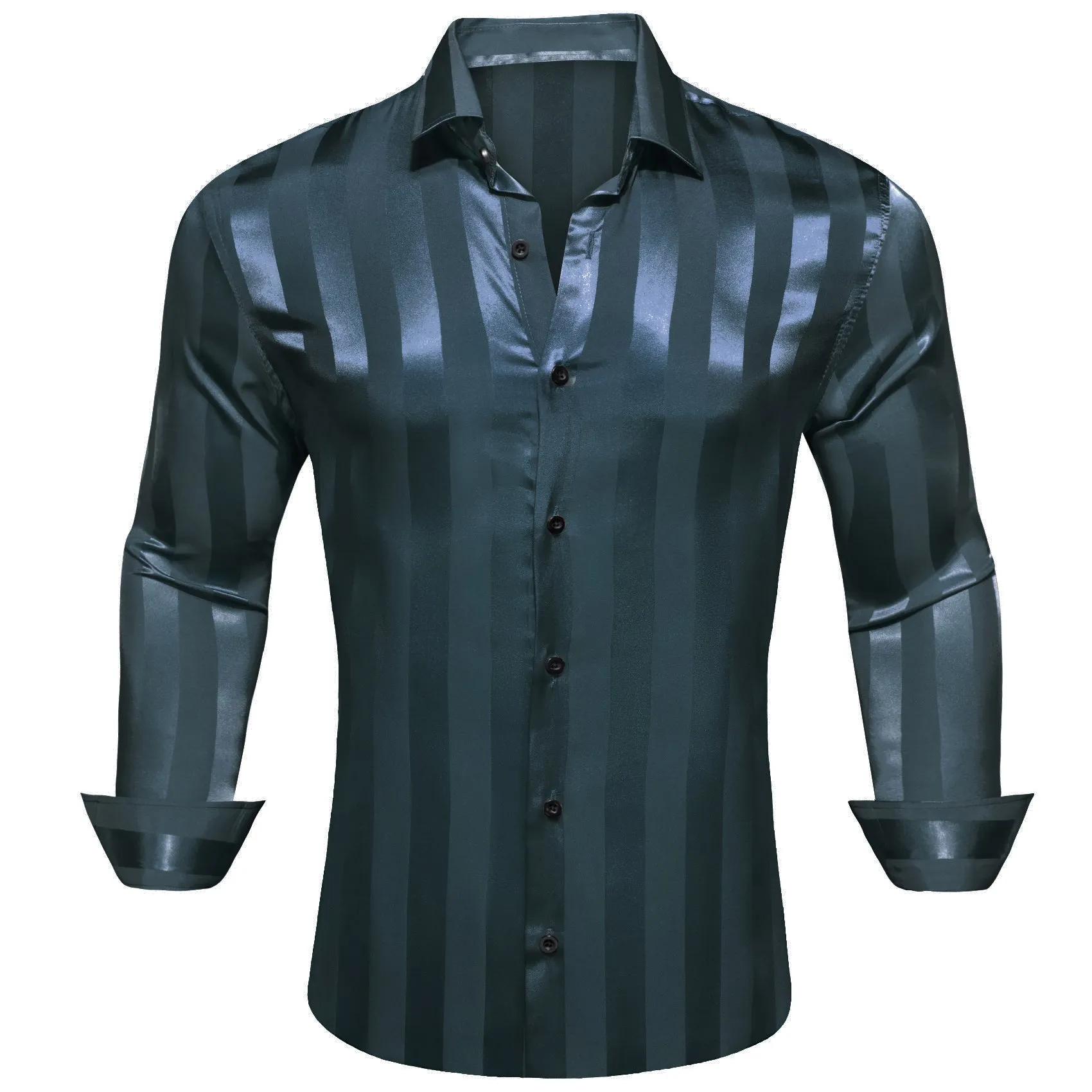 Casual Deep Teal Blue Striped Shiny Satin Men's Long Sleeve Shirt