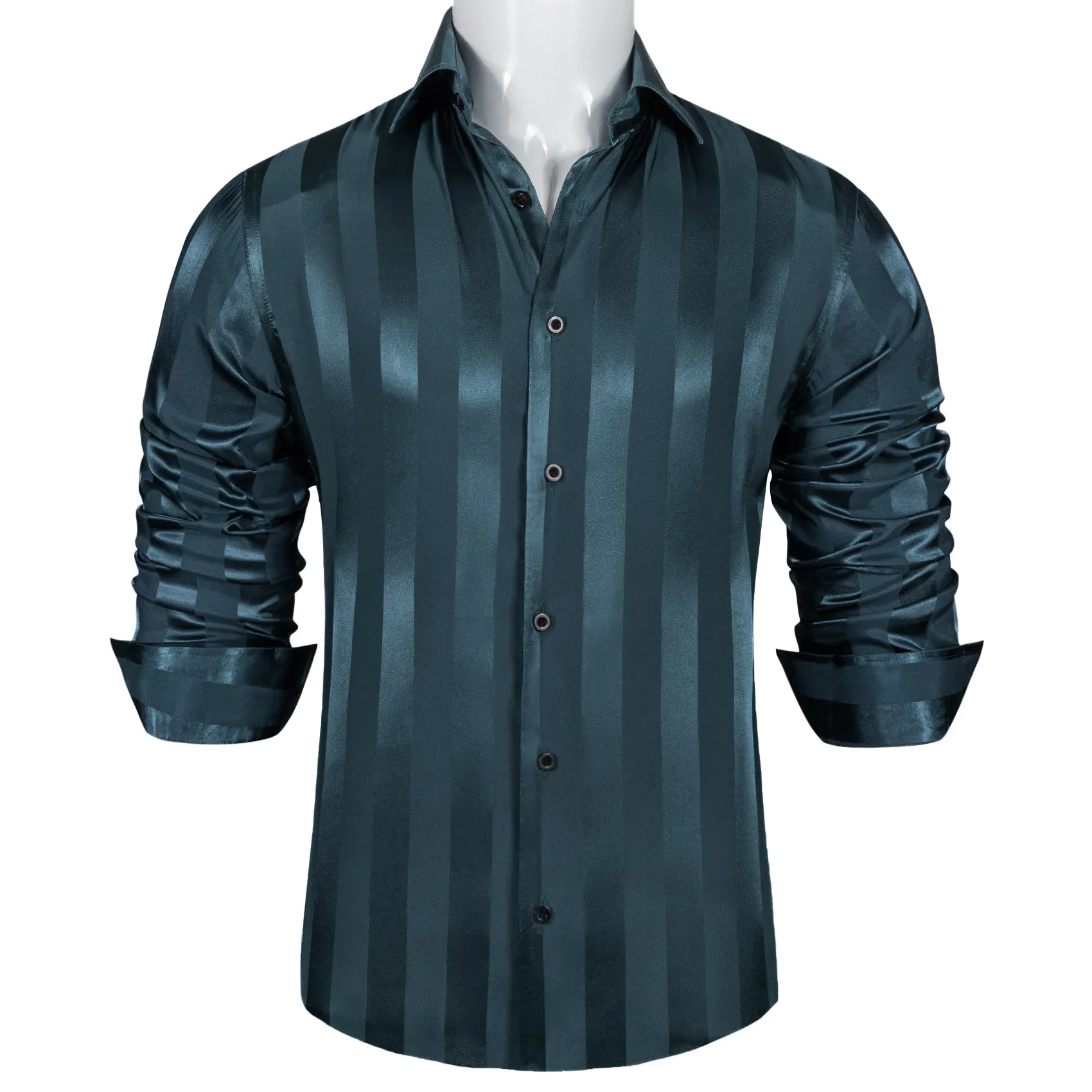 Casual Deep Teal Blue Striped Shiny Satin Men's Long Sleeve Shirt