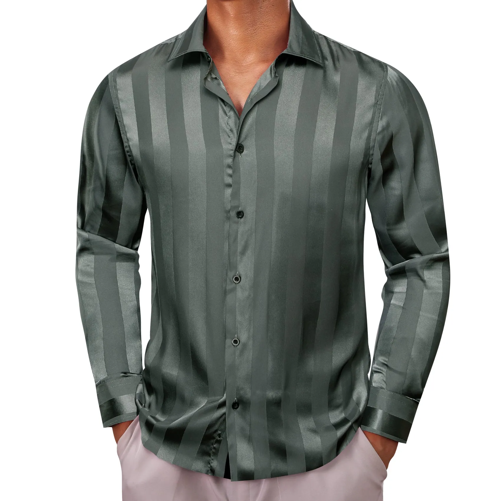 Casual Olive Green Striped Shiny Satin Men's Long Sleeve Shirt