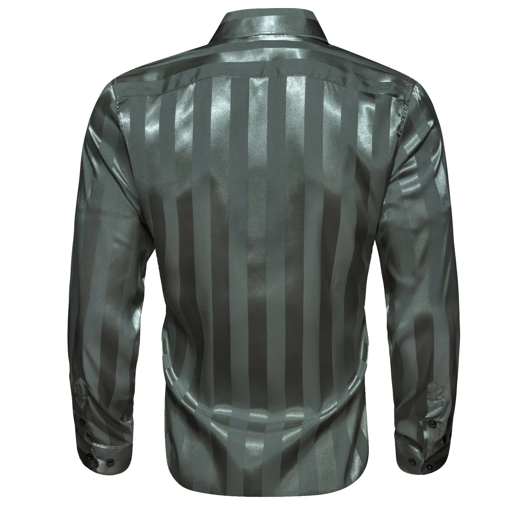 Casual Olive Green Striped Shiny Satin Men's Long Sleeve Shirt