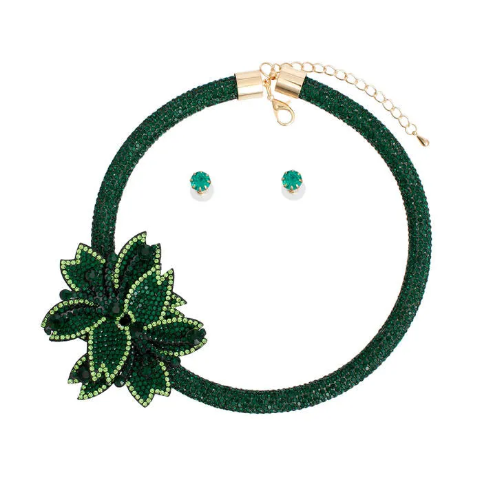 Choker Green Bling Offset Flower Set for Women