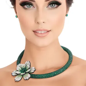 Choker Green Bling Offset Flower Set for Women