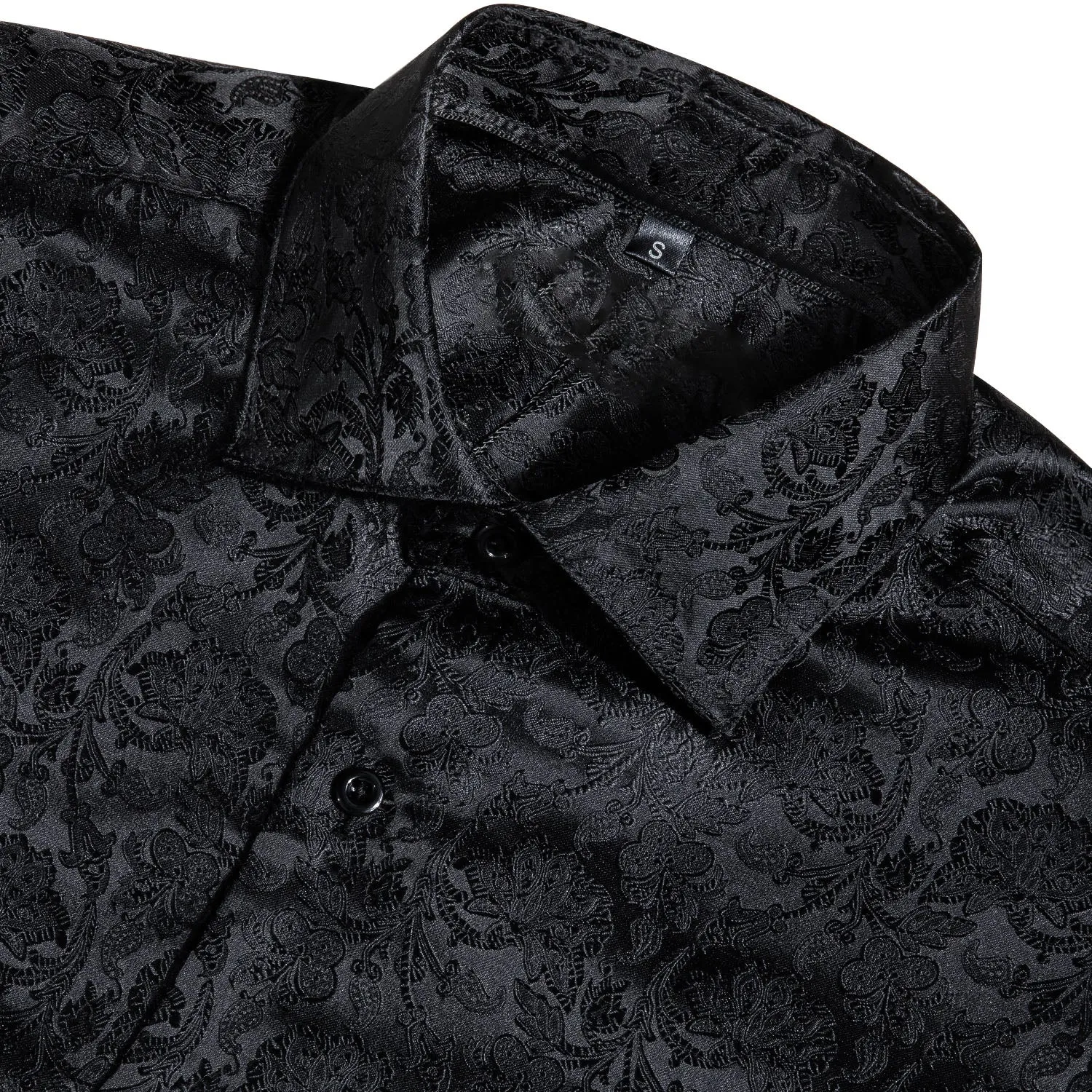 Classic Black Floral Silk Men's Long Sleeve Shirt