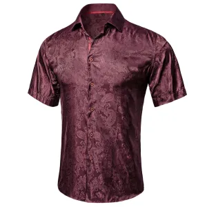 Crimson Red Paisley Silk Men's Short Sleeve Shirt