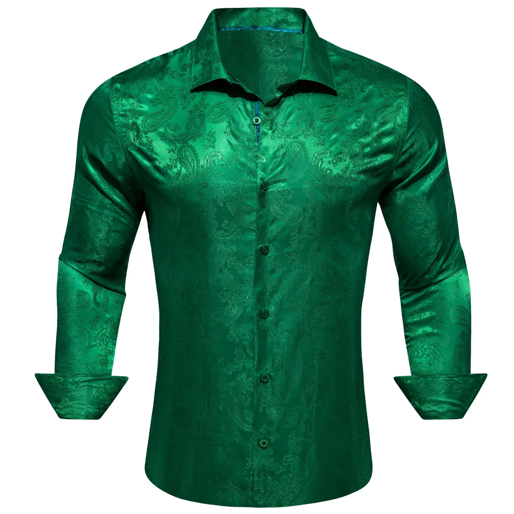 Emerald green Paisley Style Casual Silk Men's Long Sleeve Button Shirt