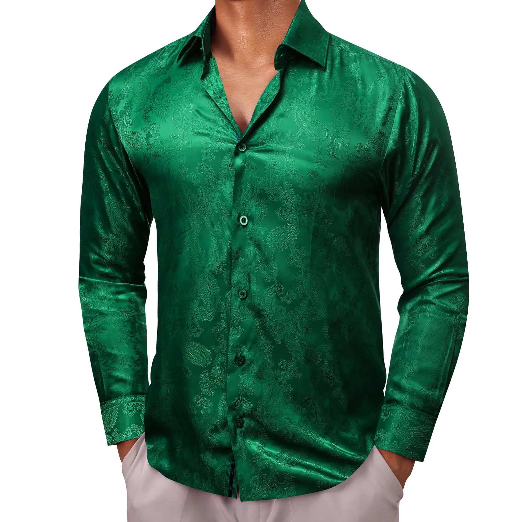 Emerald green Paisley Style Casual Silk Men's Long Sleeve Button Shirt