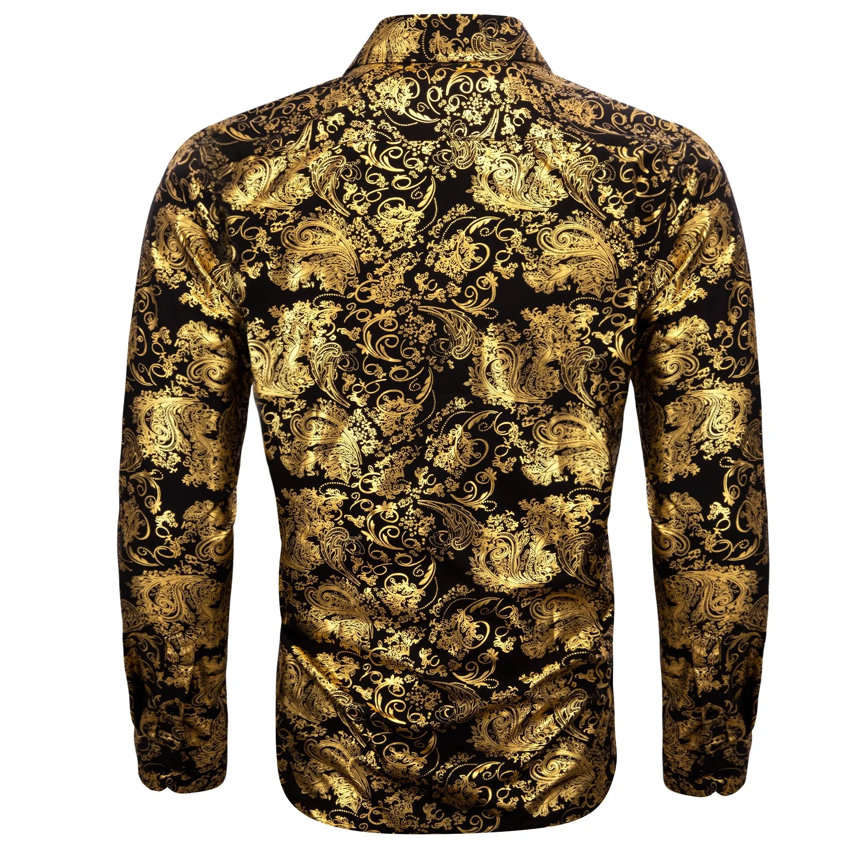 Gold Black Floral Paisley Silk Men's Long Sleeve Shirt