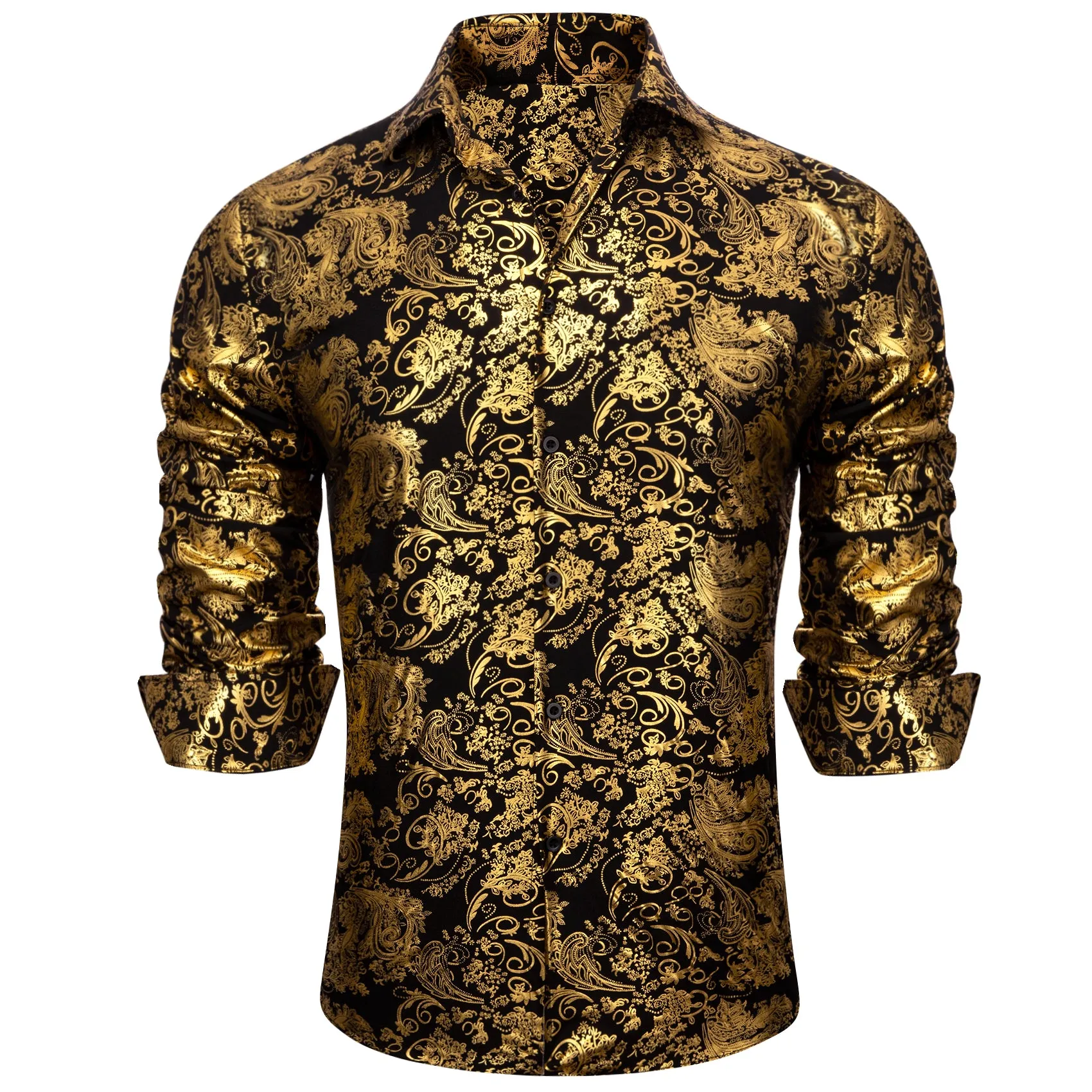 Gold Black Floral Paisley Silk Men's Long Sleeve Shirt