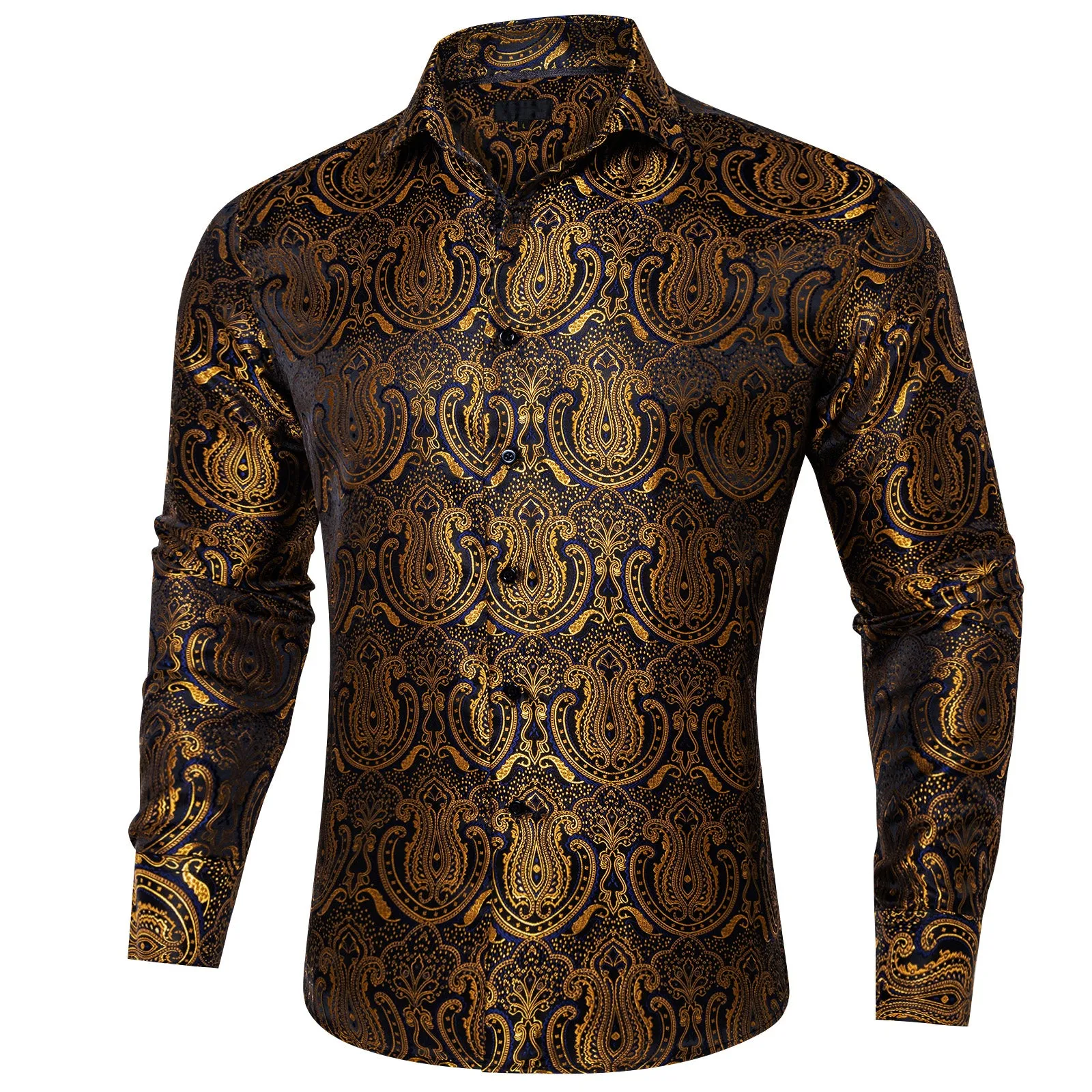 Golden Black Paisley Silk Men's Long Sleeve Shirt