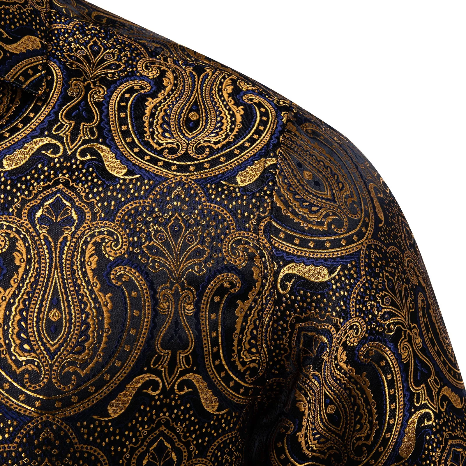 Golden Black Paisley Silk Men's Long Sleeve Shirt