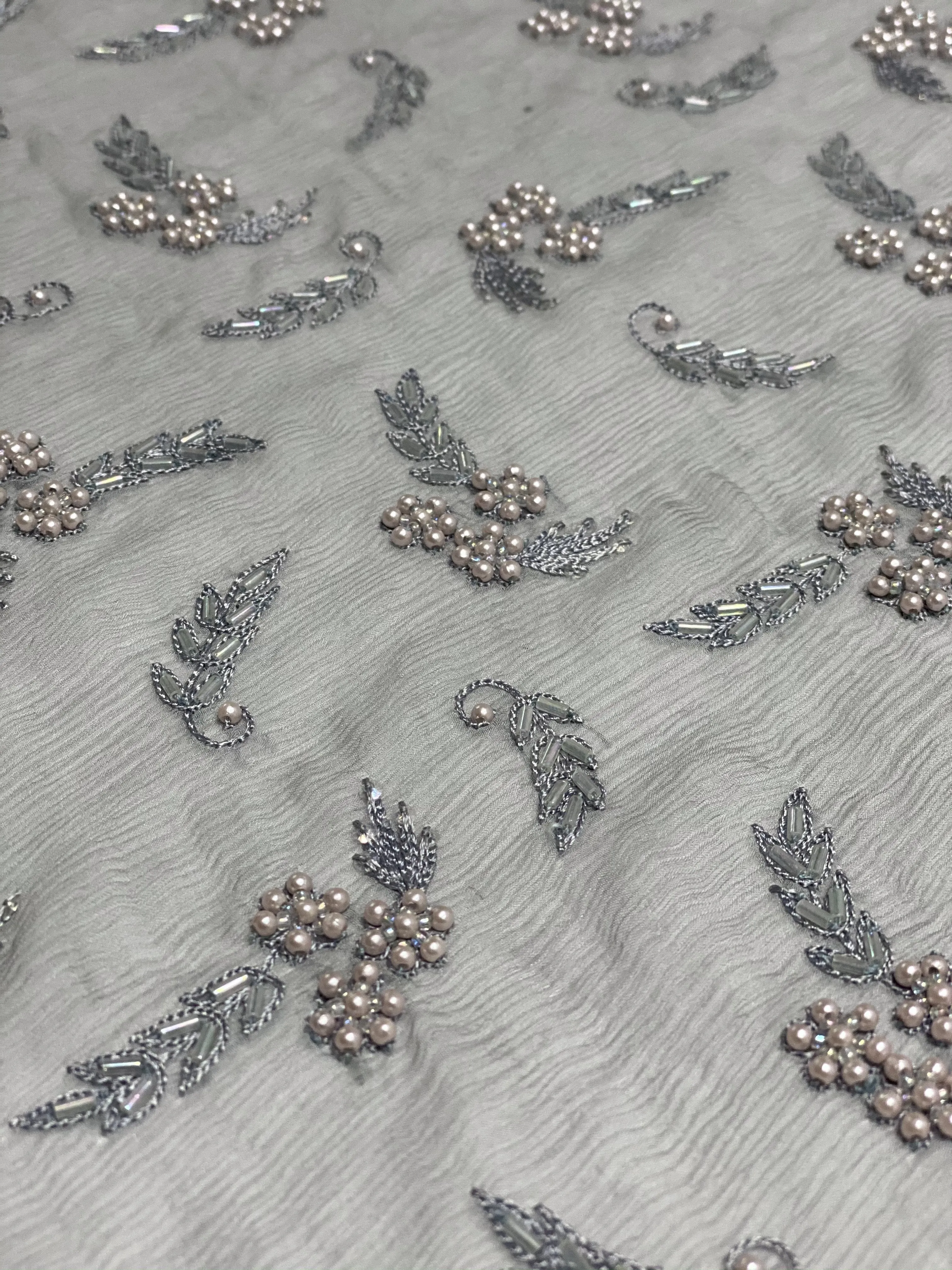 Grey Sequin & Beads On Silk Chiffon JEC-122-4 Fabric