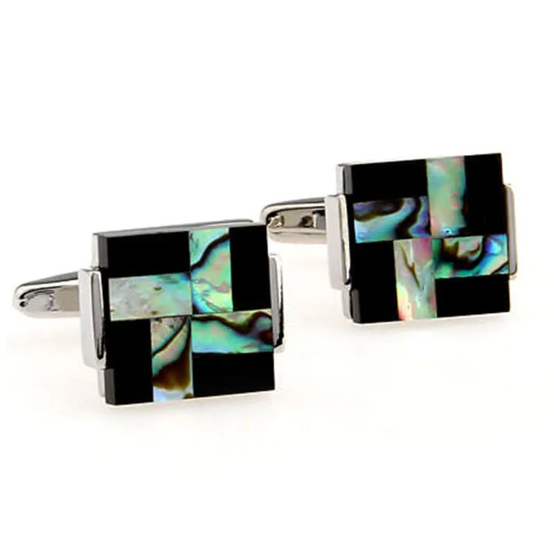 Men's Check Stripe Square Pearl Shell Cufflinks