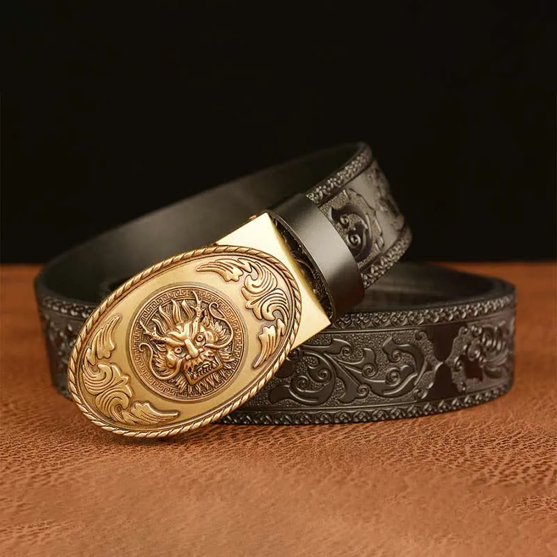 Men's Dragon Elliptical Buckle Leather Belt