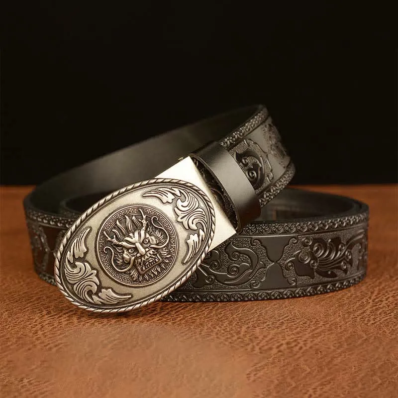 Men's Dragon Elliptical Buckle Leather Belt