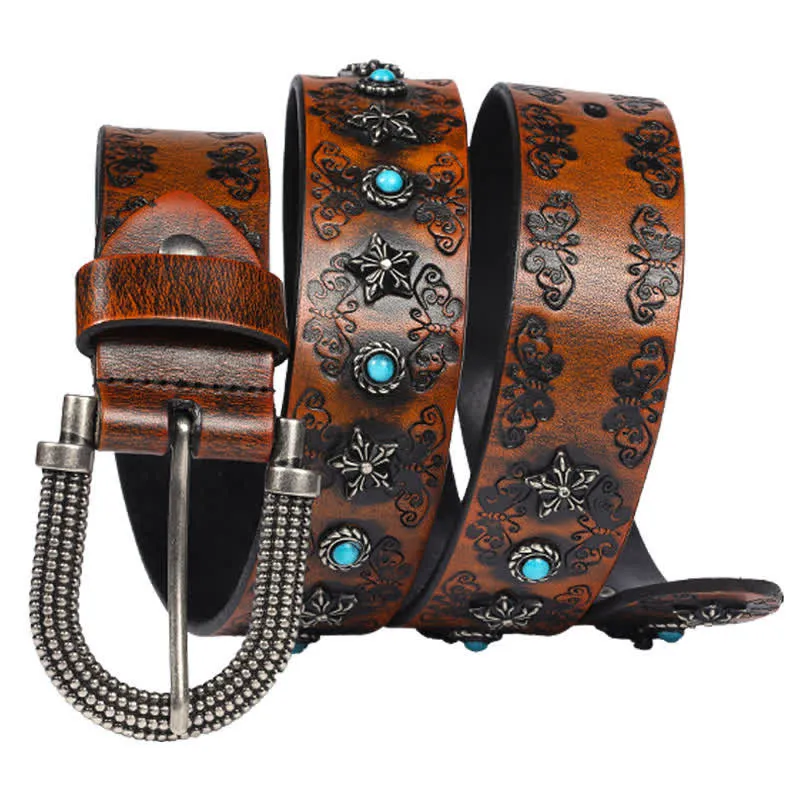 Men's Rivet Butterfly Carving Turquoise Inlay Leather Belt