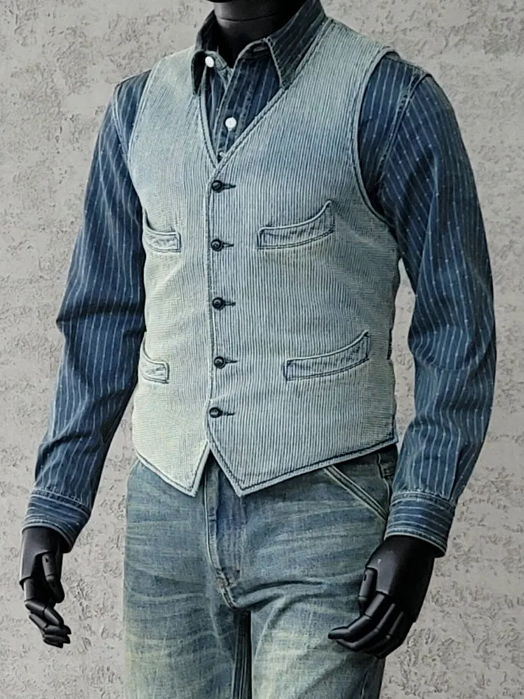 Men's Washed Blue Sashiko V-neck Vest