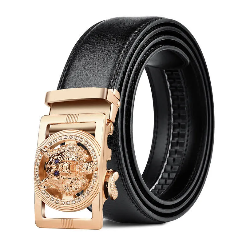 Men's Wolf Head Rhinestone Automatic Buckle Leather Belt