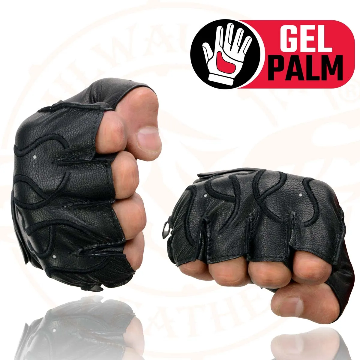 Milwaukee Leather SH198 Men's Black Leather Gel Padded Palm Fingerless Motorcycle Hand Gloves W/ ‘Black Flame Embroidered’