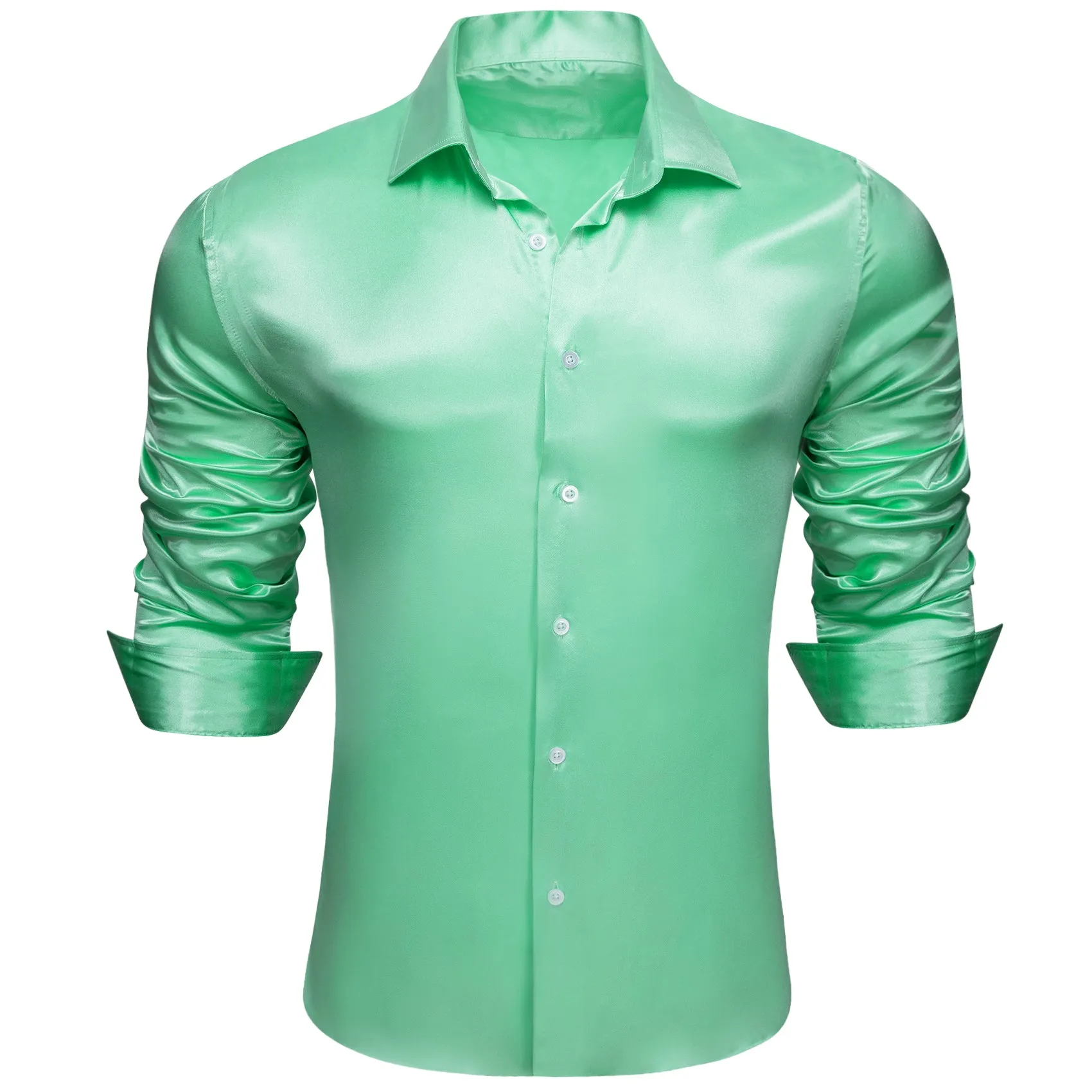 Mint Green Solid Satin Silk Men's Long Sleeve Shirt