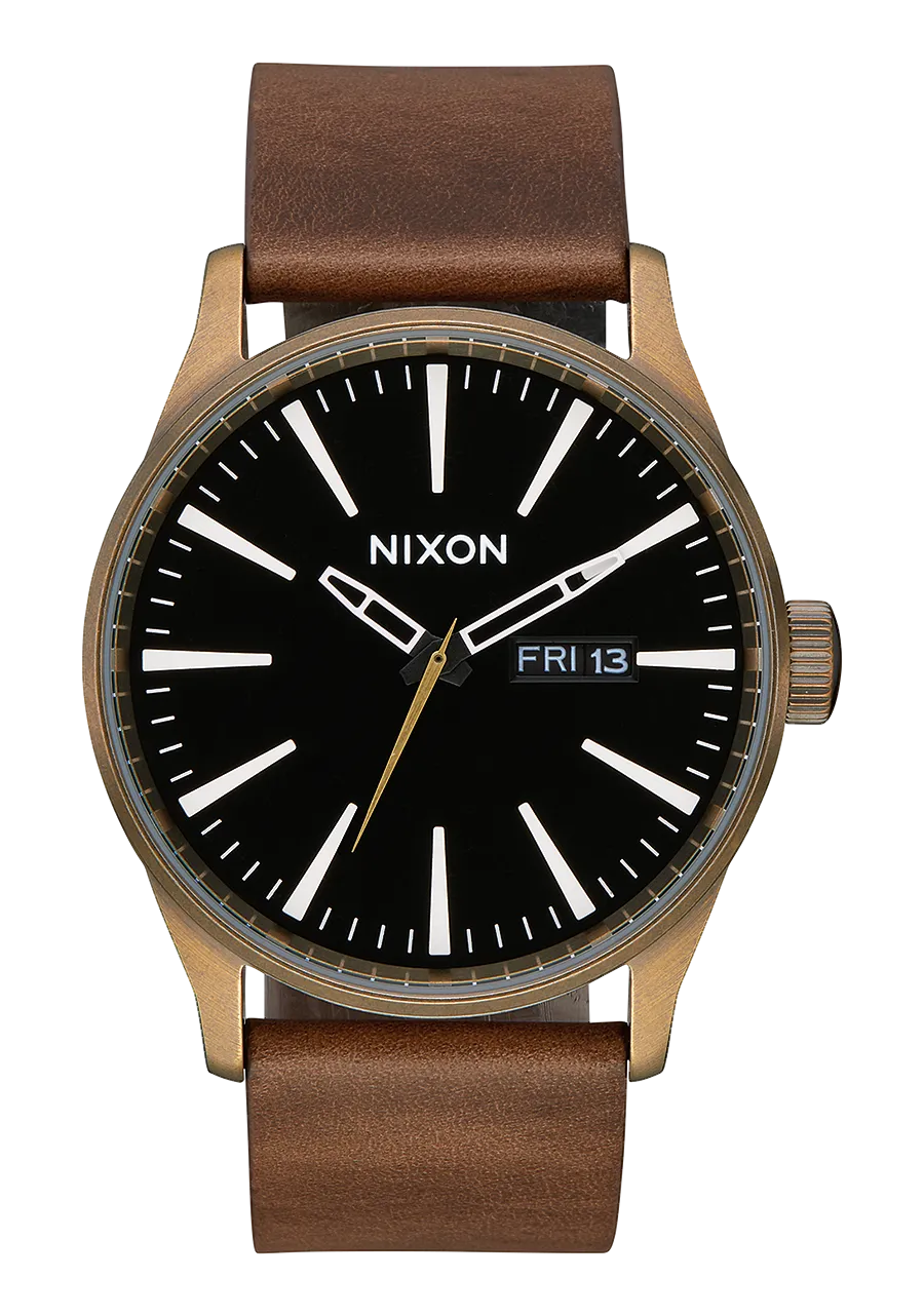 Nixon Sentry Leather Watch - Brass Black Brown