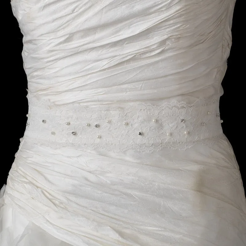 Pearls & Crystals on Embroidered Lace Wedding Sash