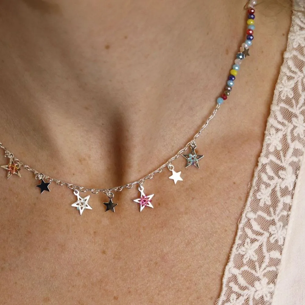 POM Silver Plated Necklace With Mixed Beads and Stars