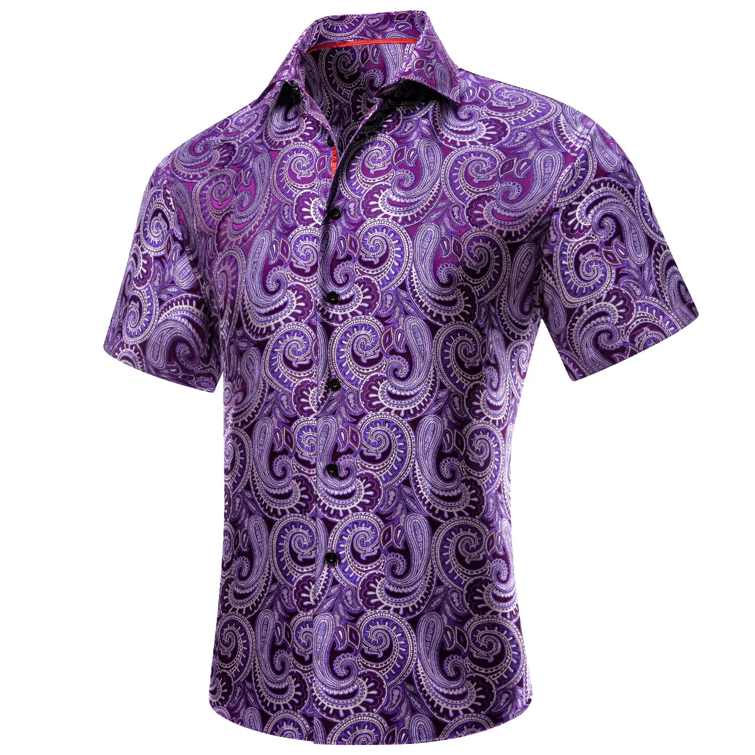 Purple White Paisley Silk Men's Short Sleeve Shirt