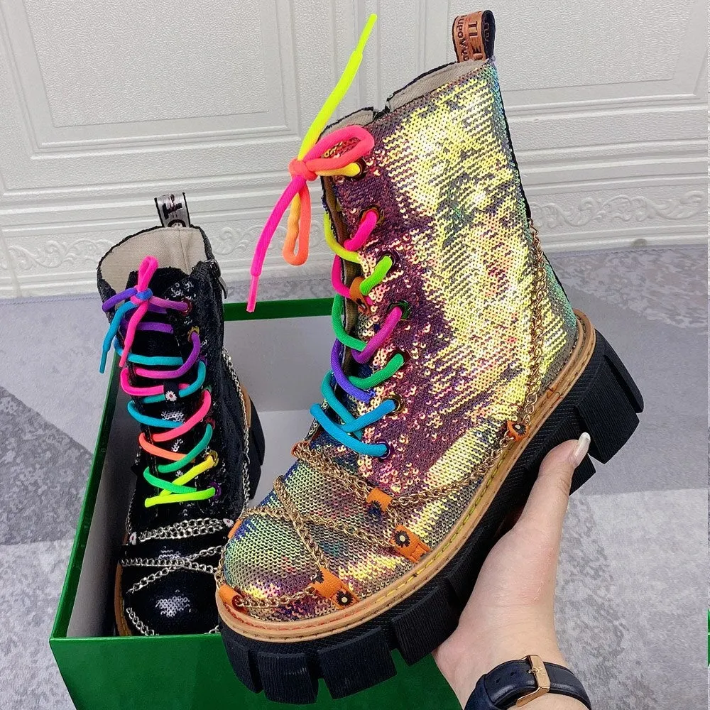 Sequin Combat Booties