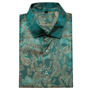 Shining Green Golden Paisley Silk Men's Short Sleeve Shirt