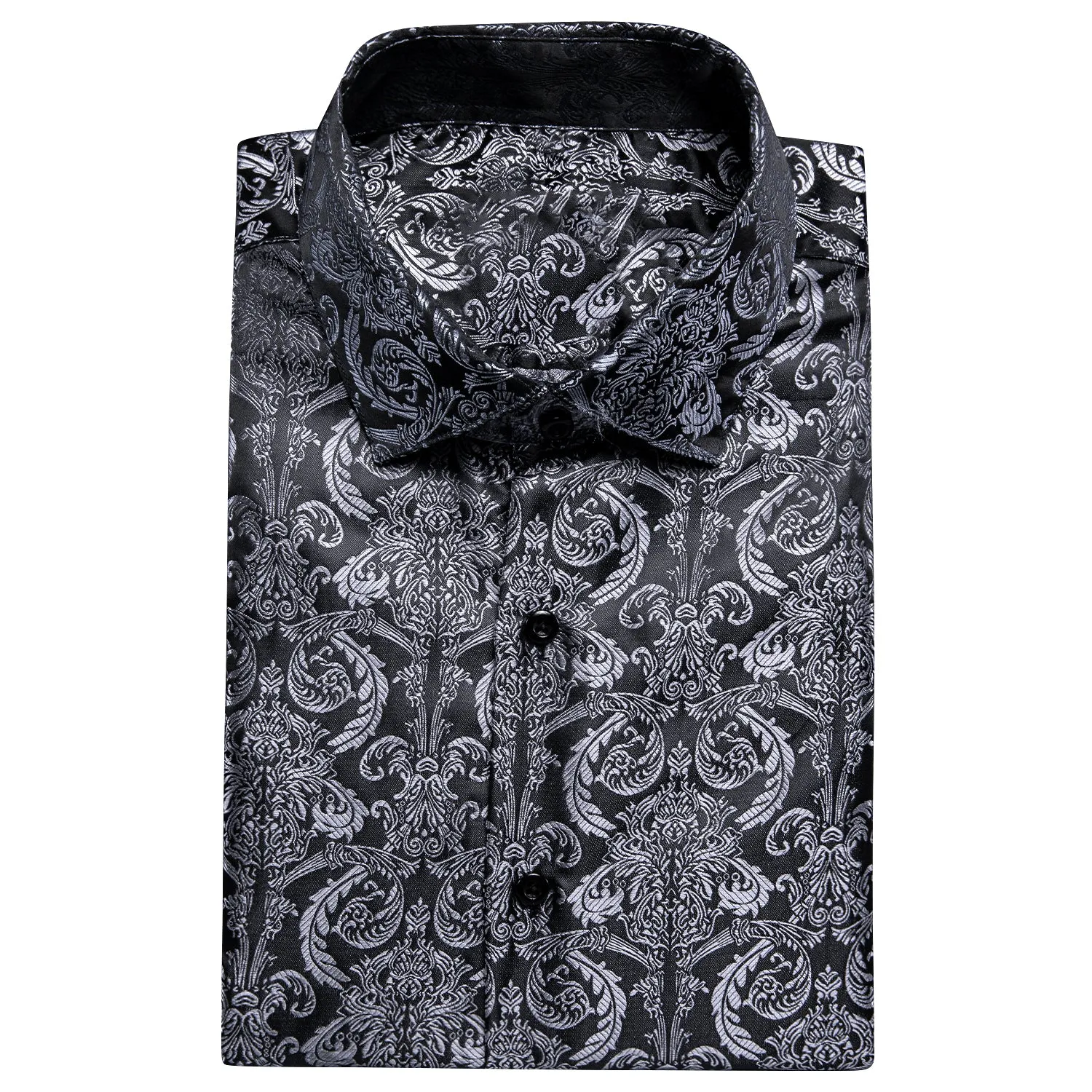 Silver Black Floral Silk Men's Short Sleeve Shirt