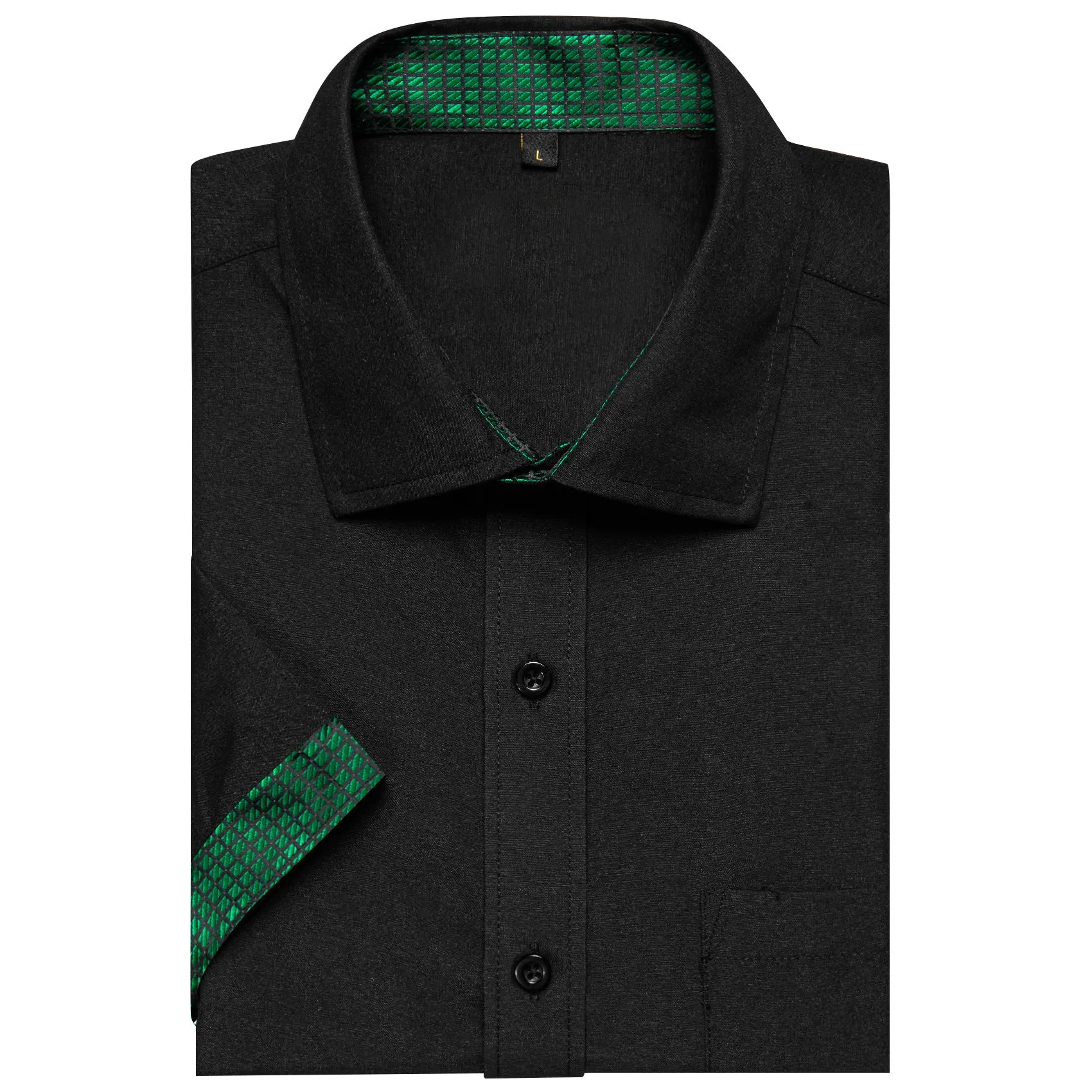 Splicing Style Black with Green Plaid Silk Men's Short Sleeve Shirt