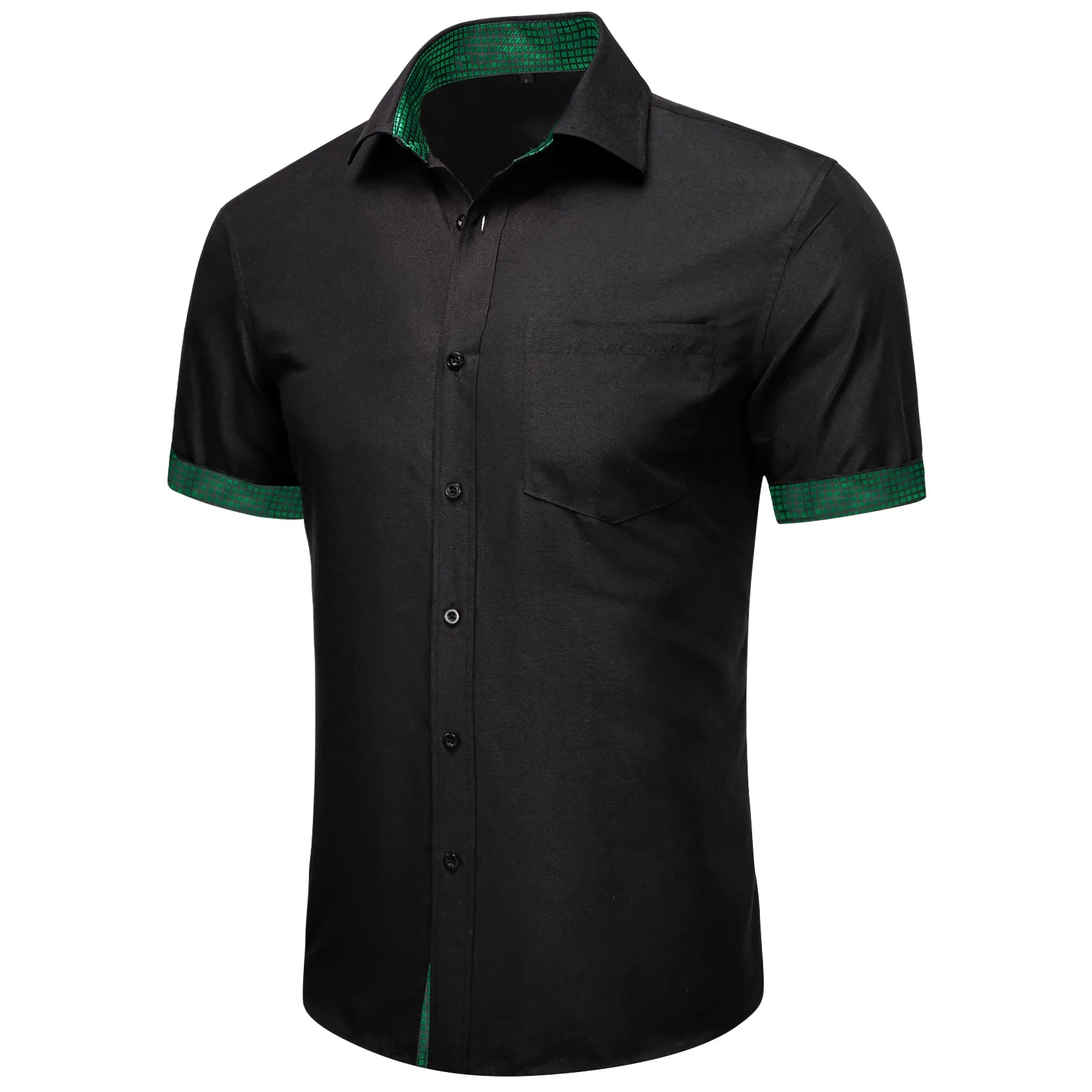 Splicing Style Black with Green Plaid Silk Men's Short Sleeve Shirt