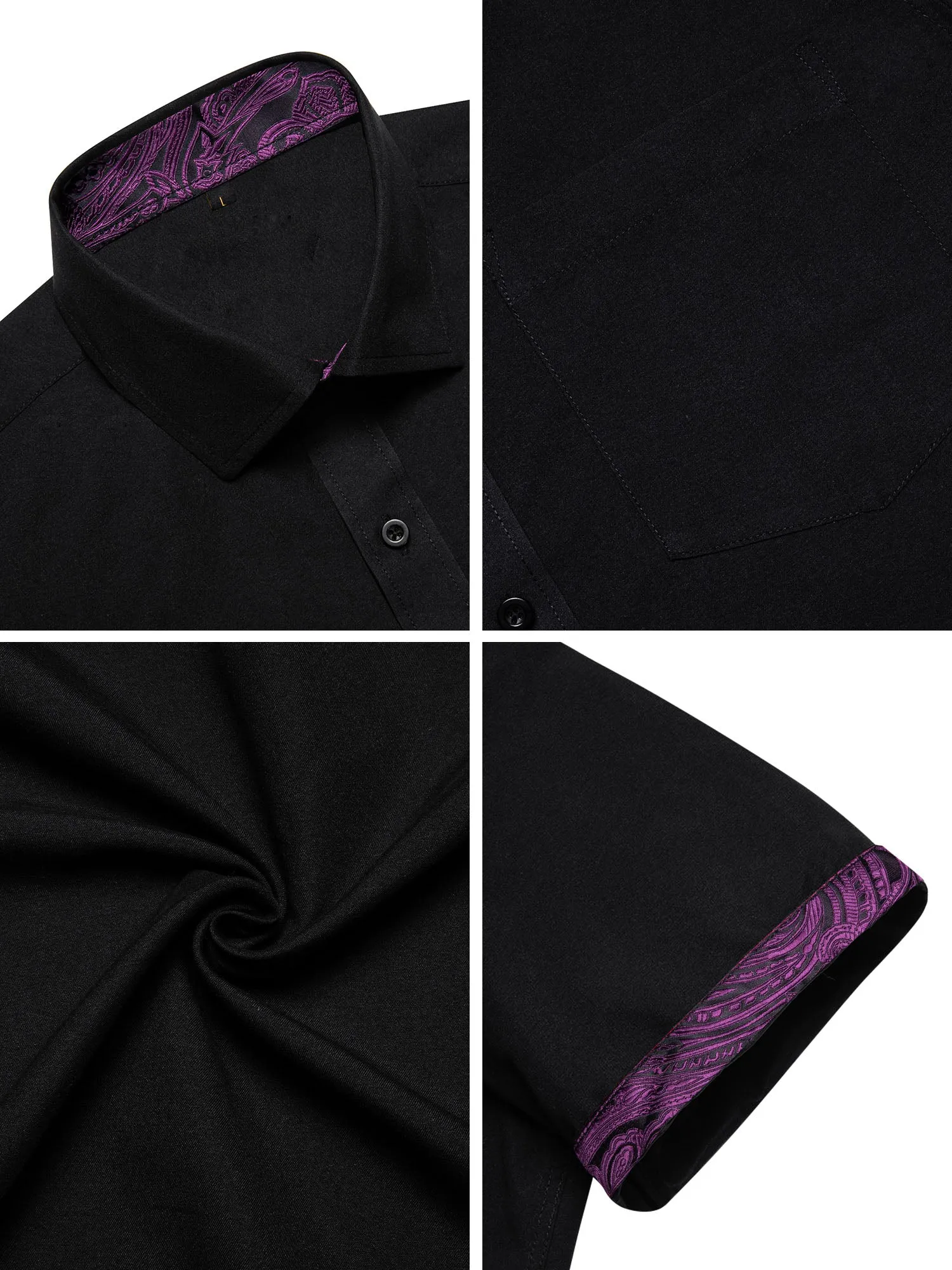 Splicing Style Black with Purple Paisley Silk Men's Short Sleeve Shirt