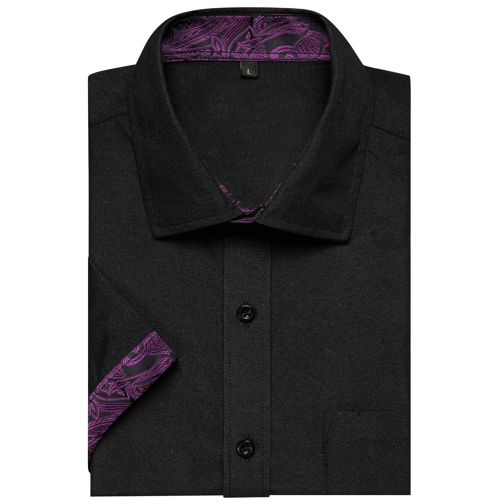 Splicing Style Black with Purple Paisley Silk Men's Short Sleeve Shirt