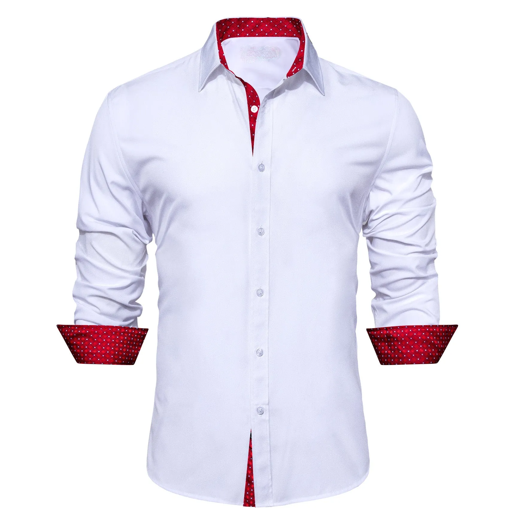 Splicing Style White with Red White Plaid Edge Men's Long Sleeve Shirt