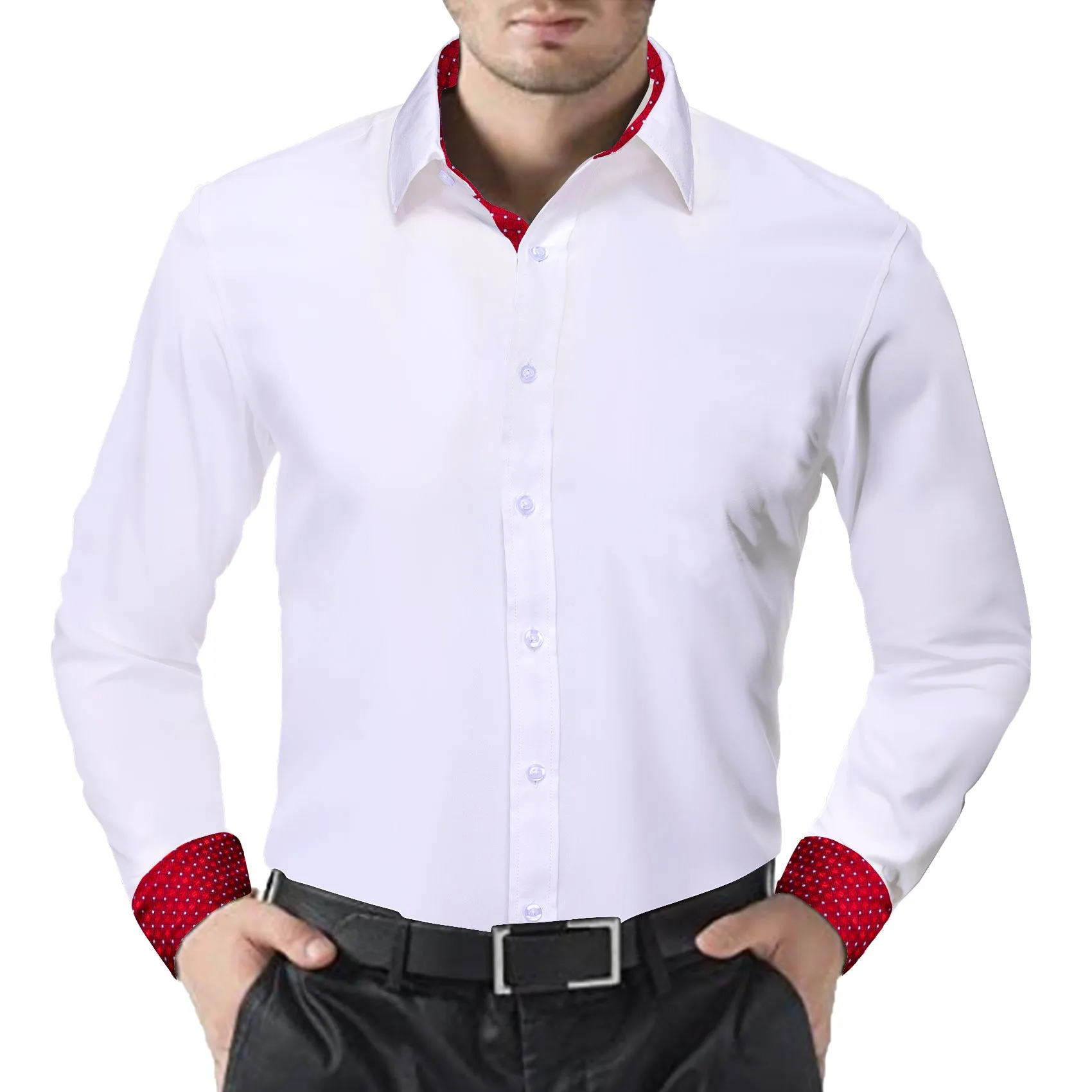 Splicing Style White with Red White Plaid Edge Men's Long Sleeve Shirt