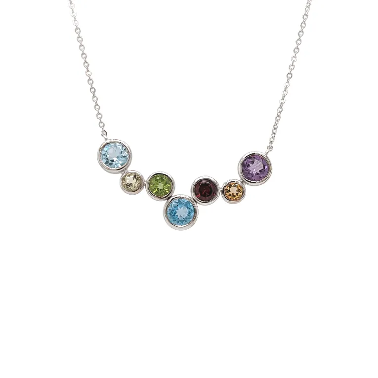 Sterling Silver Multi-Gem Bezel Set Bubble Necklace