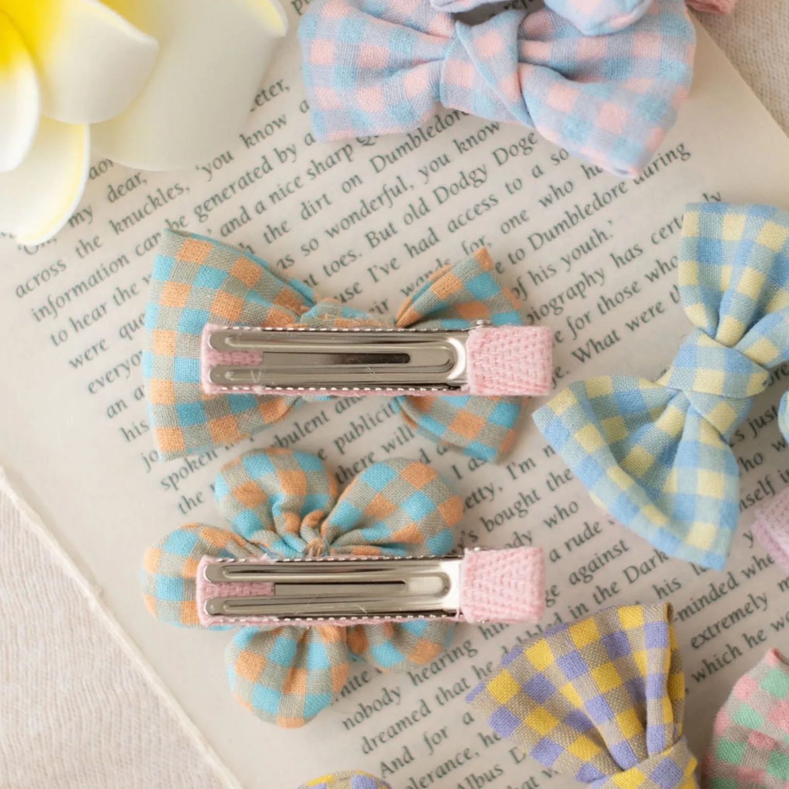 Summer Crystal Baby Girl Plaid Cotton Flowers and Bows Hair Clips - Pack of 10