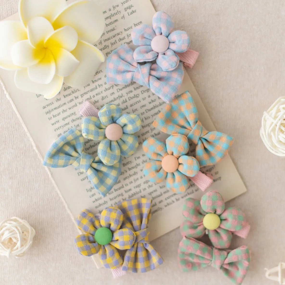 Summer Crystal Baby Girl Plaid Cotton Flowers and Bows Hair Clips - Pack of 10