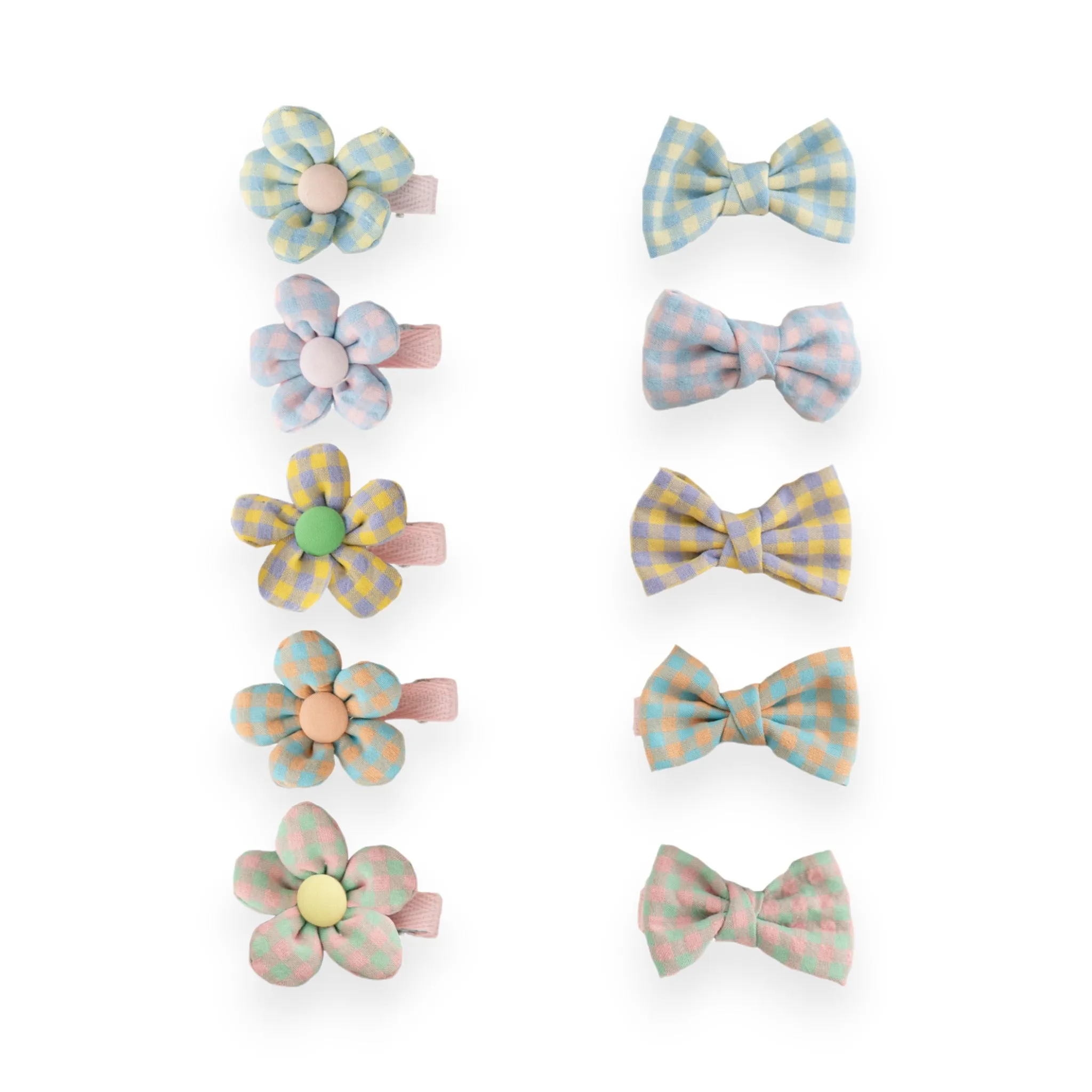 Summer Crystal Baby Girl Plaid Cotton Flowers and Bows Hair Clips - Pack of 10